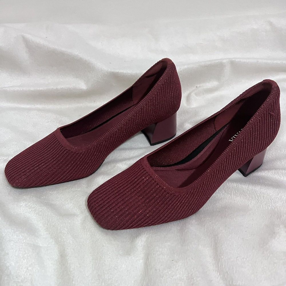 Women's Burgundy Knit Block Heel Pumps
